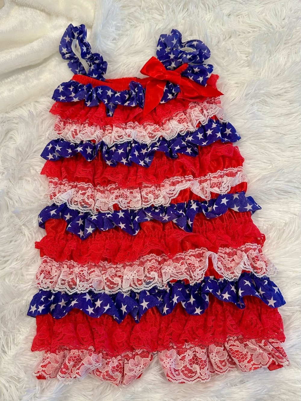 ❤️🤍💙 Patriotic Toddler Girls Ruffle Romper Red White Blue Stars & Lace 2T-4T